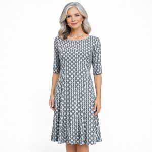 Eliza J Dress 10 Fit Flare Midi Geometric Modern Noir Retro Academia Power Dress